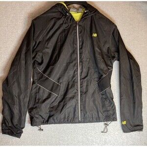 New Balance W Windbreaker Sz M Hood Black Mesh Lined Elastic Waist Thumb Holes